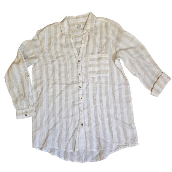 Sigrid Olsen 100% Linen Women's Top SZ Medium stripes Cream Coastal Beach Summer - Picture 2 of 13